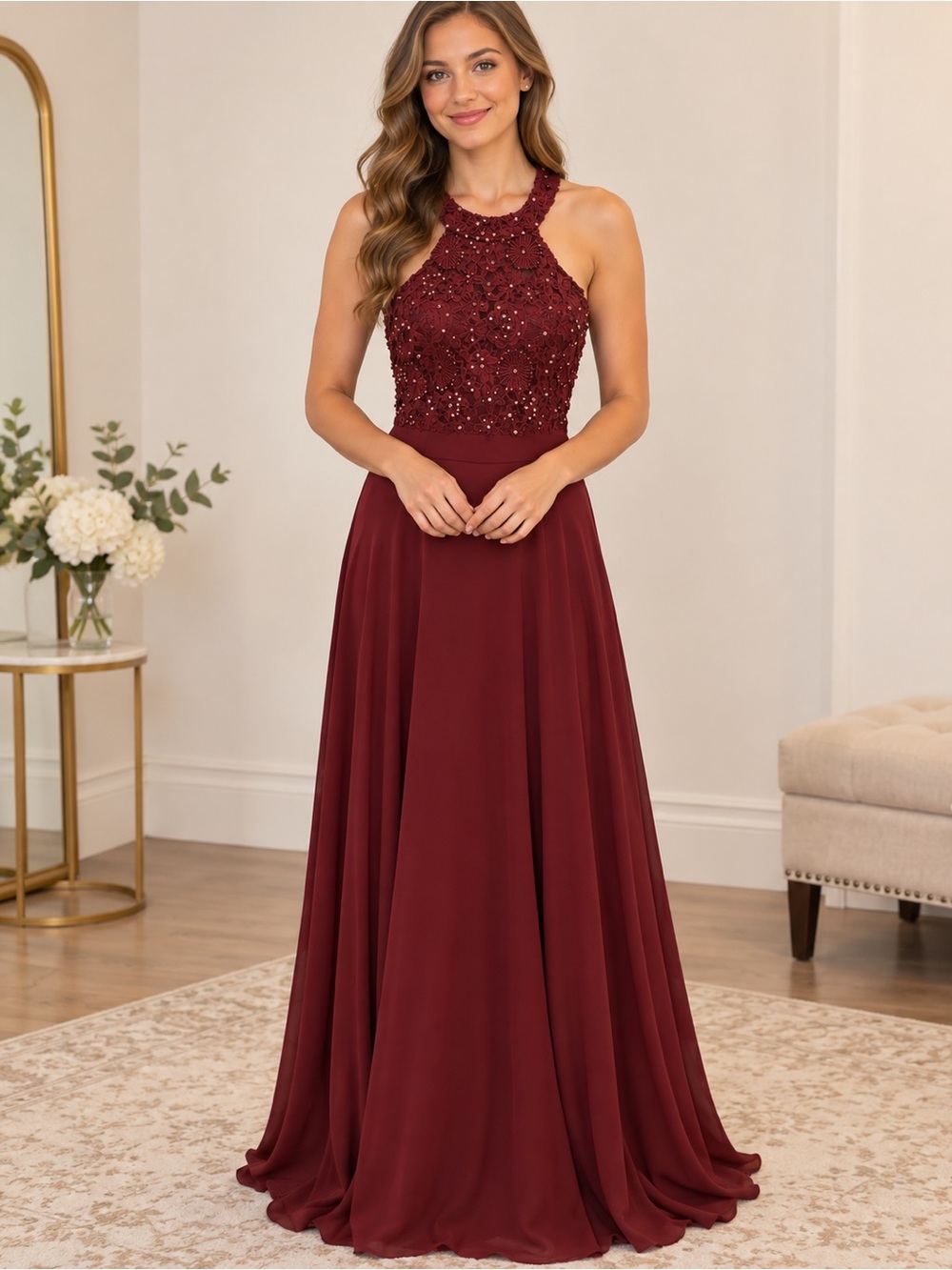 Lulu's Burgundy Beaded Halter Prom Dress